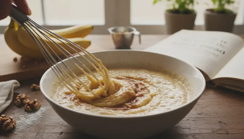 Mashing overripe bananas in a glass bowl with a fork for the ultimate banana bread recipe.