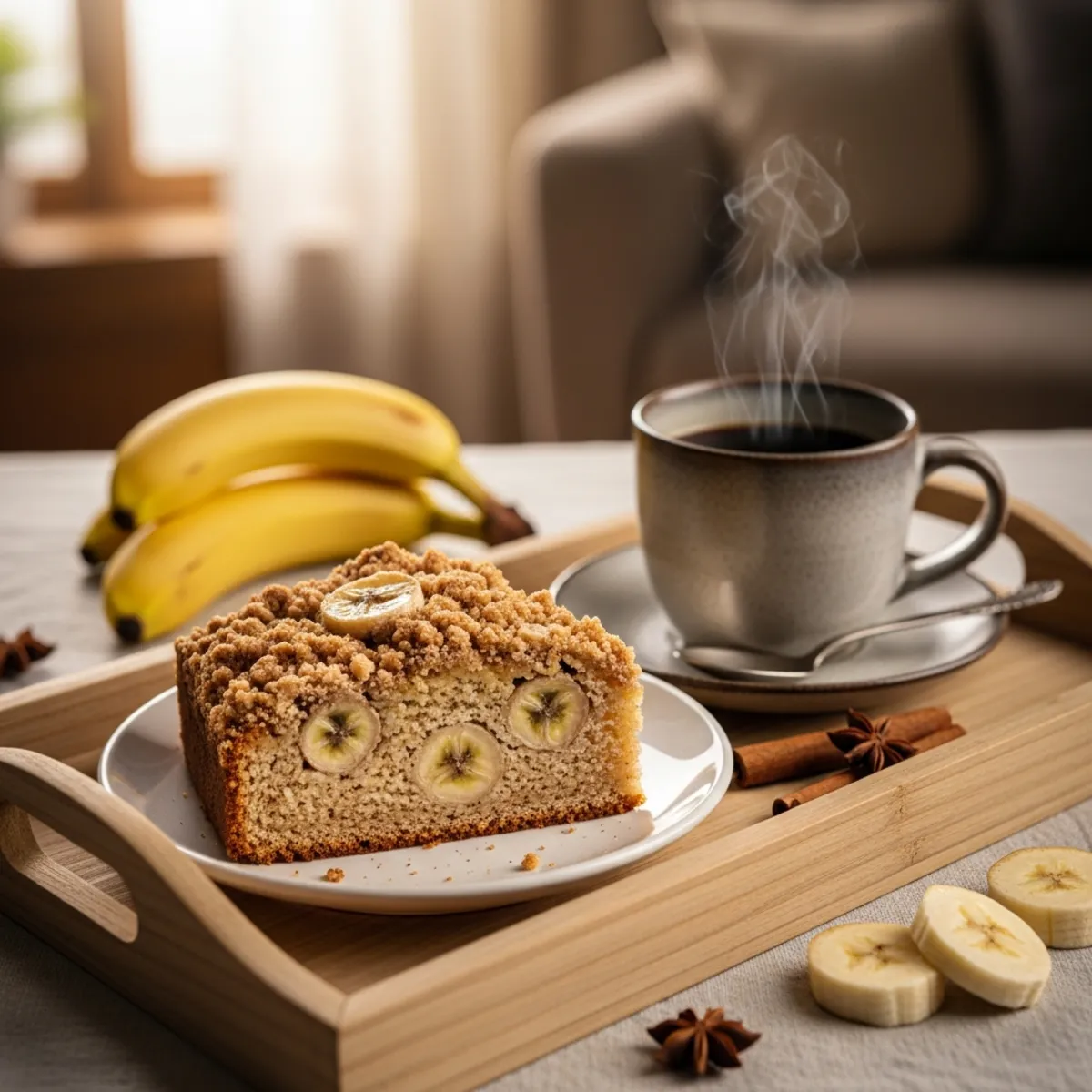 A close-up side view of a moist banana bread slice with a layer of crumbs nearly as thick as the cake itself.