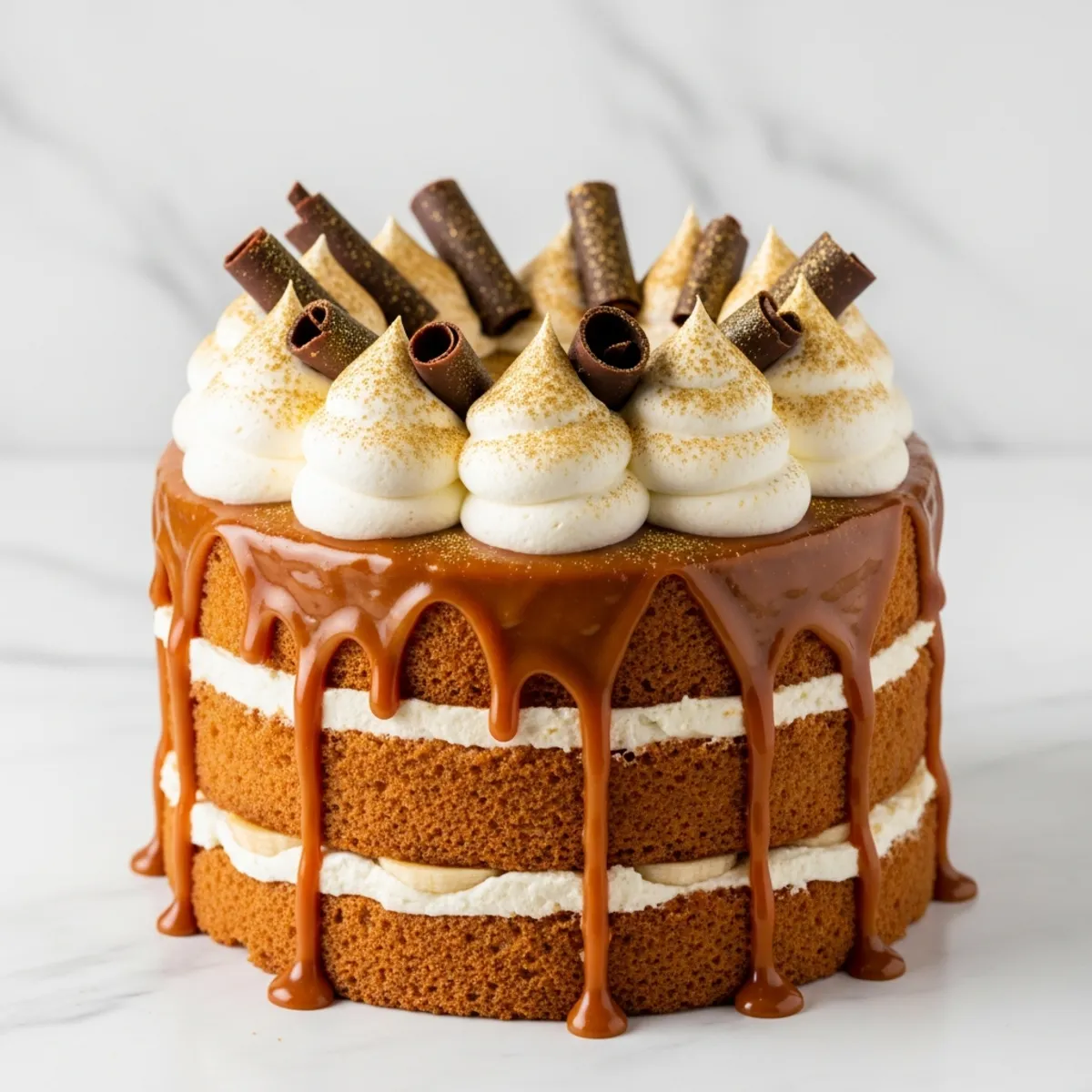 Close-up cross-section of a Banoffee cake slice showing distinct layers of banana sponge and dulce de leche.