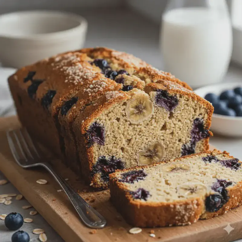 Close up detail of sliced blueberry banana bread texture showing moist crumb
