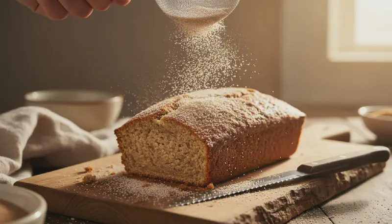 A person slicing a fresh loaf of keto banana bread with a bread knife on a kitchen counter