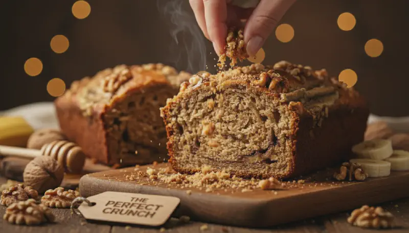 A hand using a bread knife to slice through a warm loaf of walnut banana bread on a counter