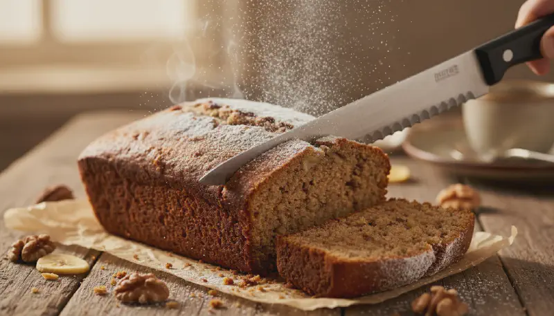 A knife slicing through a loaf of banana bread, highlighting the contrast between the dark golden crust and the moist interior.