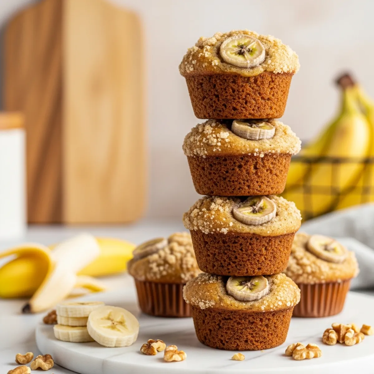 Vertical close-up of a moist banana muffin being pulled apart to reveal a soft interior