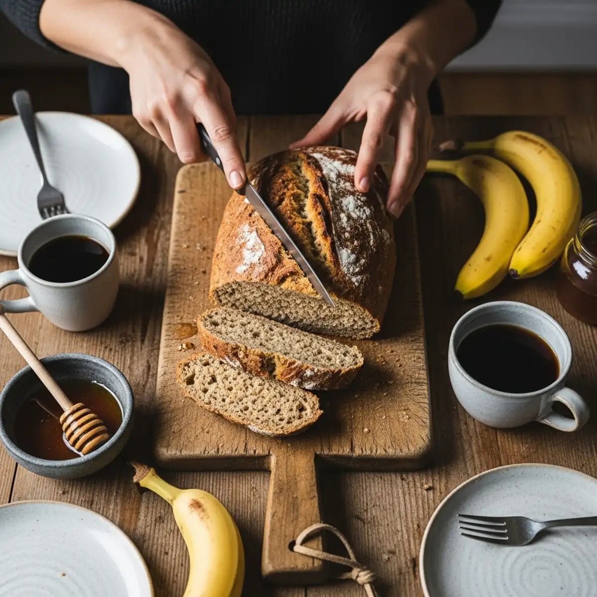 Sourdough discard healthy banana loaf presented on a rustic wooden board with ripe bananas, oats, and flour, emphasizing wholesome ingredients.
