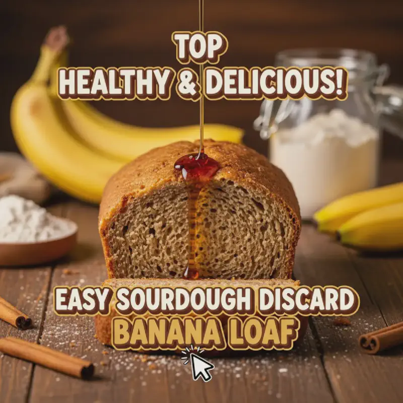 Close-up of a moist slice of sourdough discard healthy banana loaf, showing fluffy texture and golden-brown crust, perfect for a vertical Pinterest pin or TikTok video.