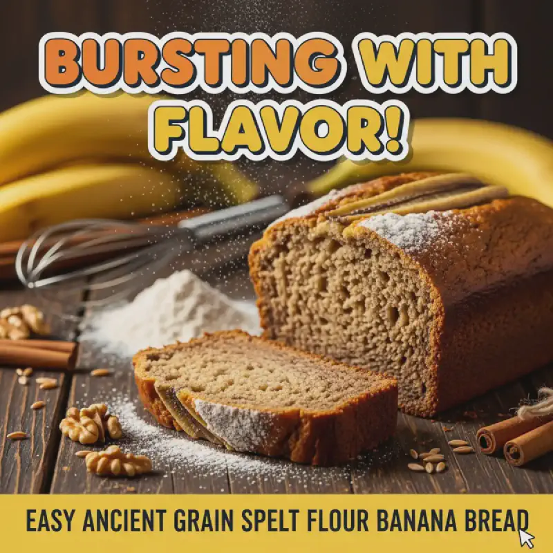 Vertical close-up of a thick, moist slice of ancient grain spelt flour banana bread with a golden crust, perfect for Pinterest and TikTok, showing inviting texture.