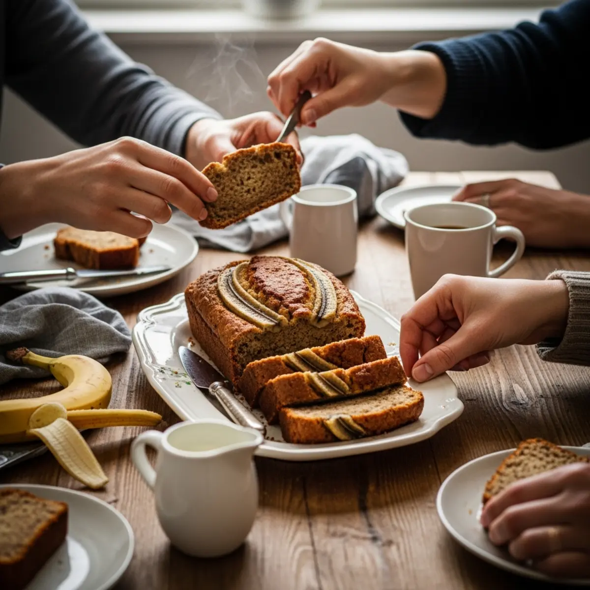 Several slices of moist ancient grain spelt flour banana bread stacked on a plate, with a steaming cup of coffee and fresh bananas in the background, ready for breakfast.