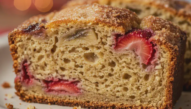Extreme close-up of the tender crumb of a strawberry banana bread slice showing moisture and fruit chunks.