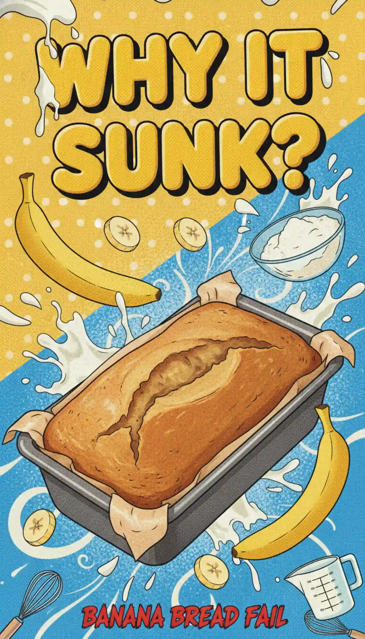 Vertical Pinterest infographic comparing a collapsed banana bread loaf and a perfectly risen loaf with text overlay explaining fixes.
