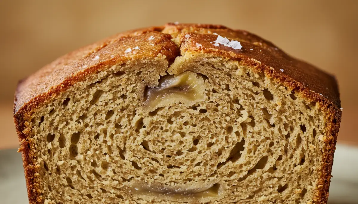 A thick, buttered slice of golden-brown sour cream banana bread served on a ceramic plate.