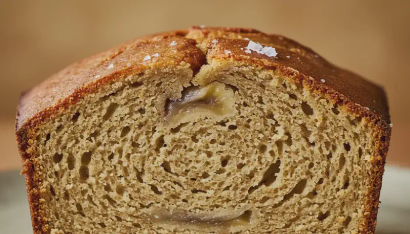 A thick, buttered slice of golden-brown sour cream banana bread served on a ceramic plate.
