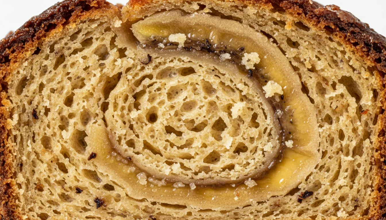 An extreme close-up shot showing the soft, moist, and airy crumb texture of a slice of vegan banana bread.