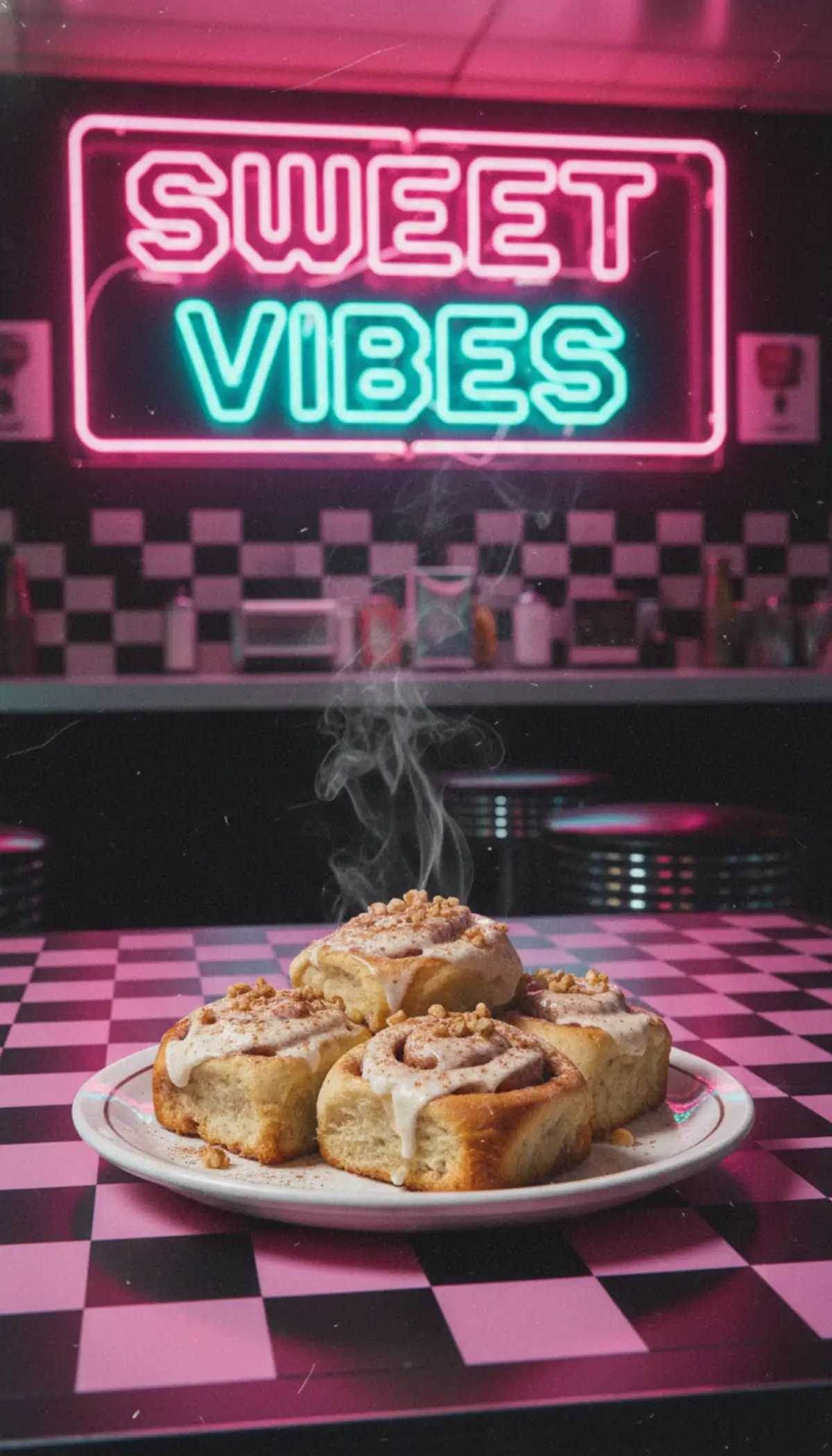 A vertical shot of a gooey banana bread cinnamon roll being pulled apart, topped with melting cream cheese frosting.
