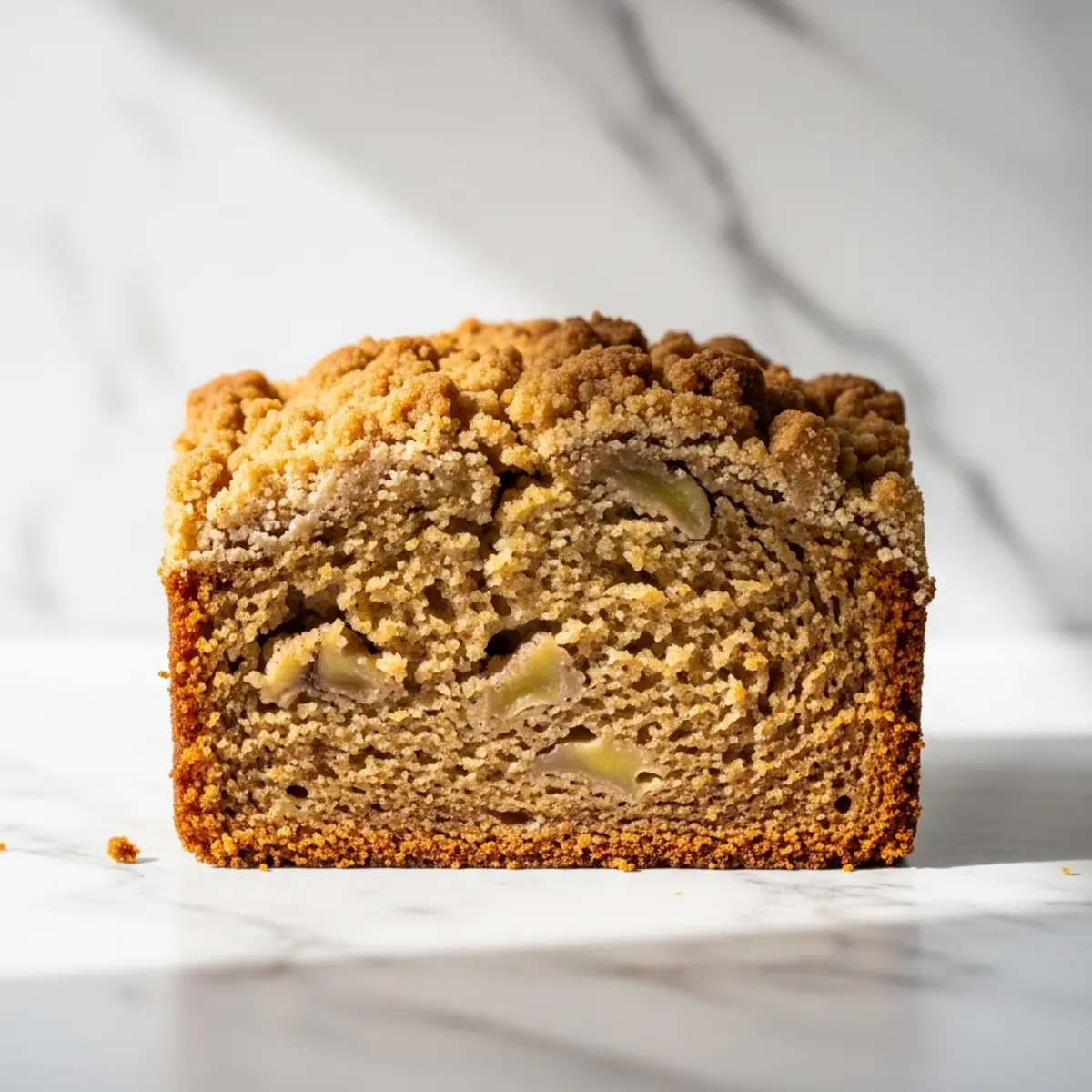 A tall slice of banana bread crumb cake with massive New Jersey style streusel topping shown in a vertical format.