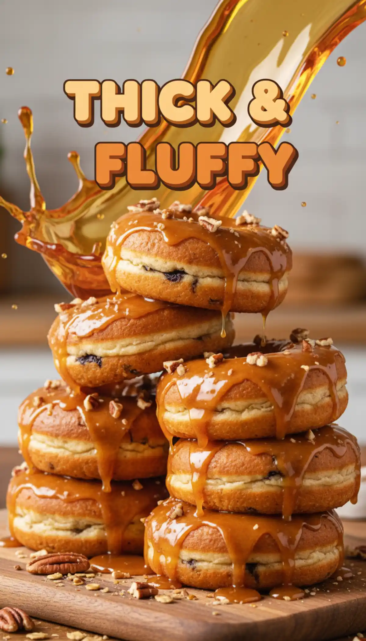 Vertical close-up of a stack of banana bread donuts with maple glaze dripping down the sides.