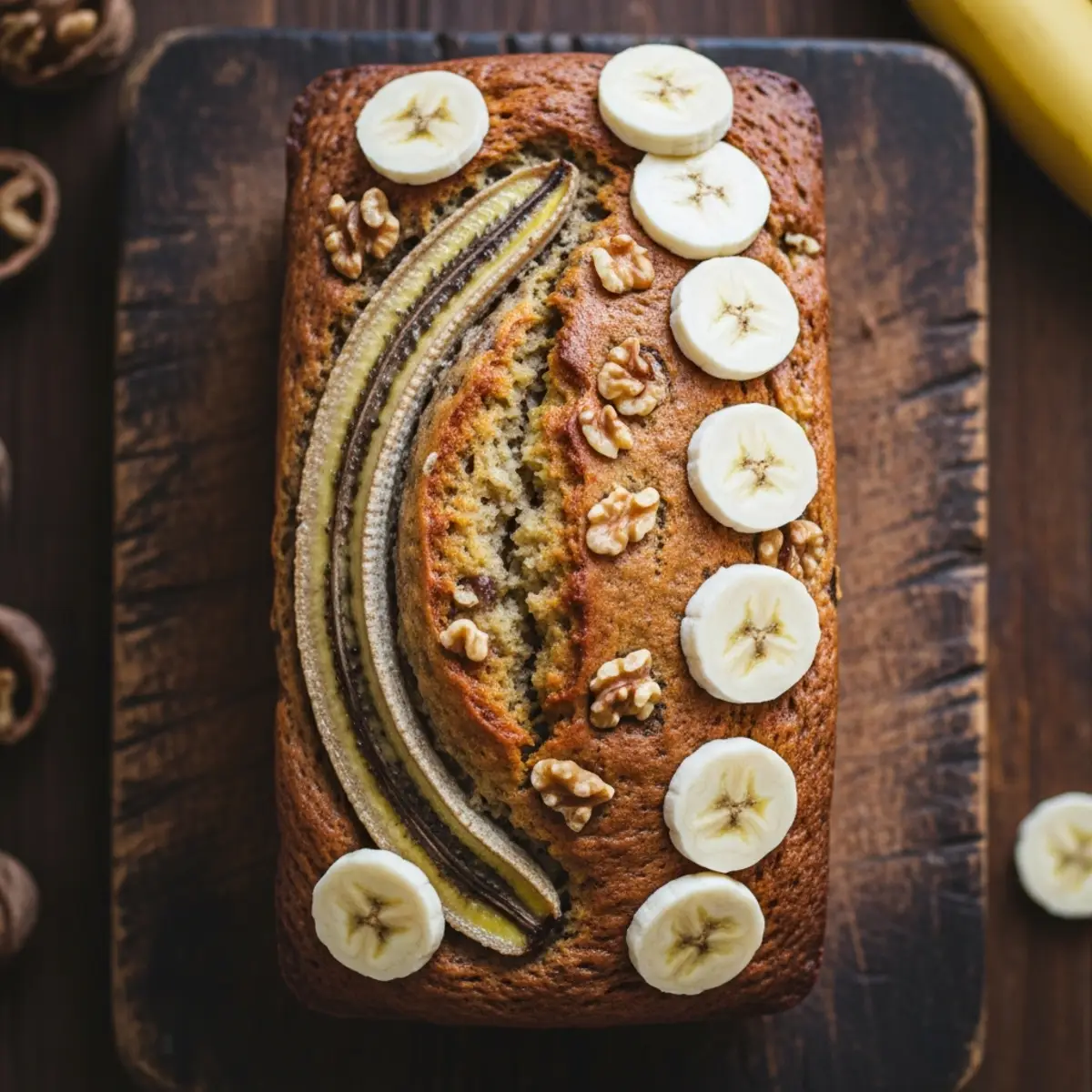 Vertical close-up of a sliced traditional British banana and walnut loaf on a wooden board.