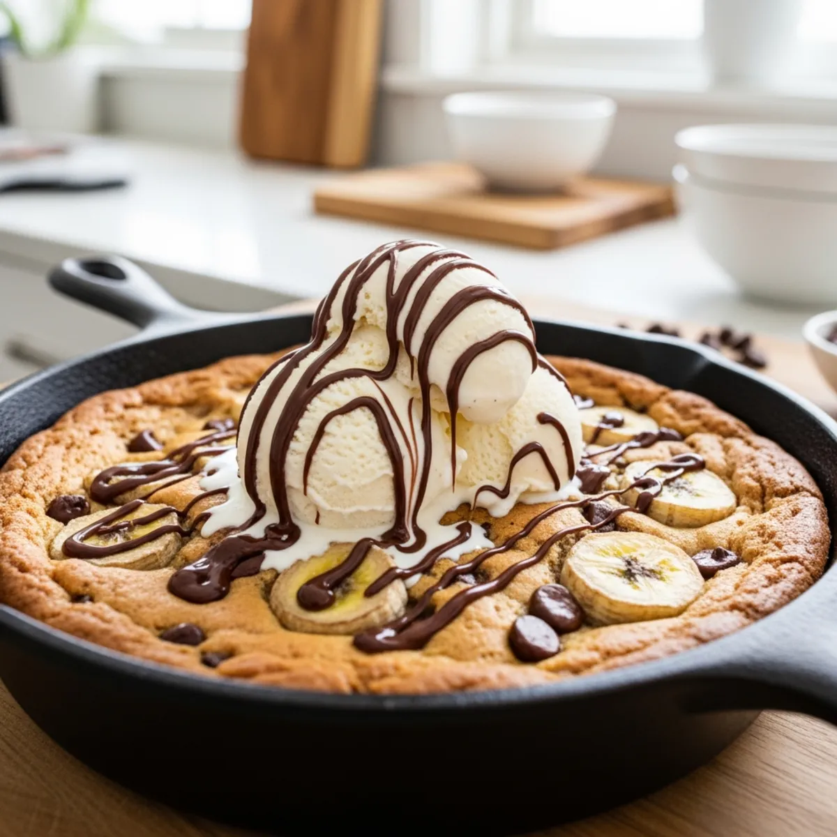 A thick, gooey vertical slice of a deep dish banana chocolate chip skillet cookie with melting chocolate.
