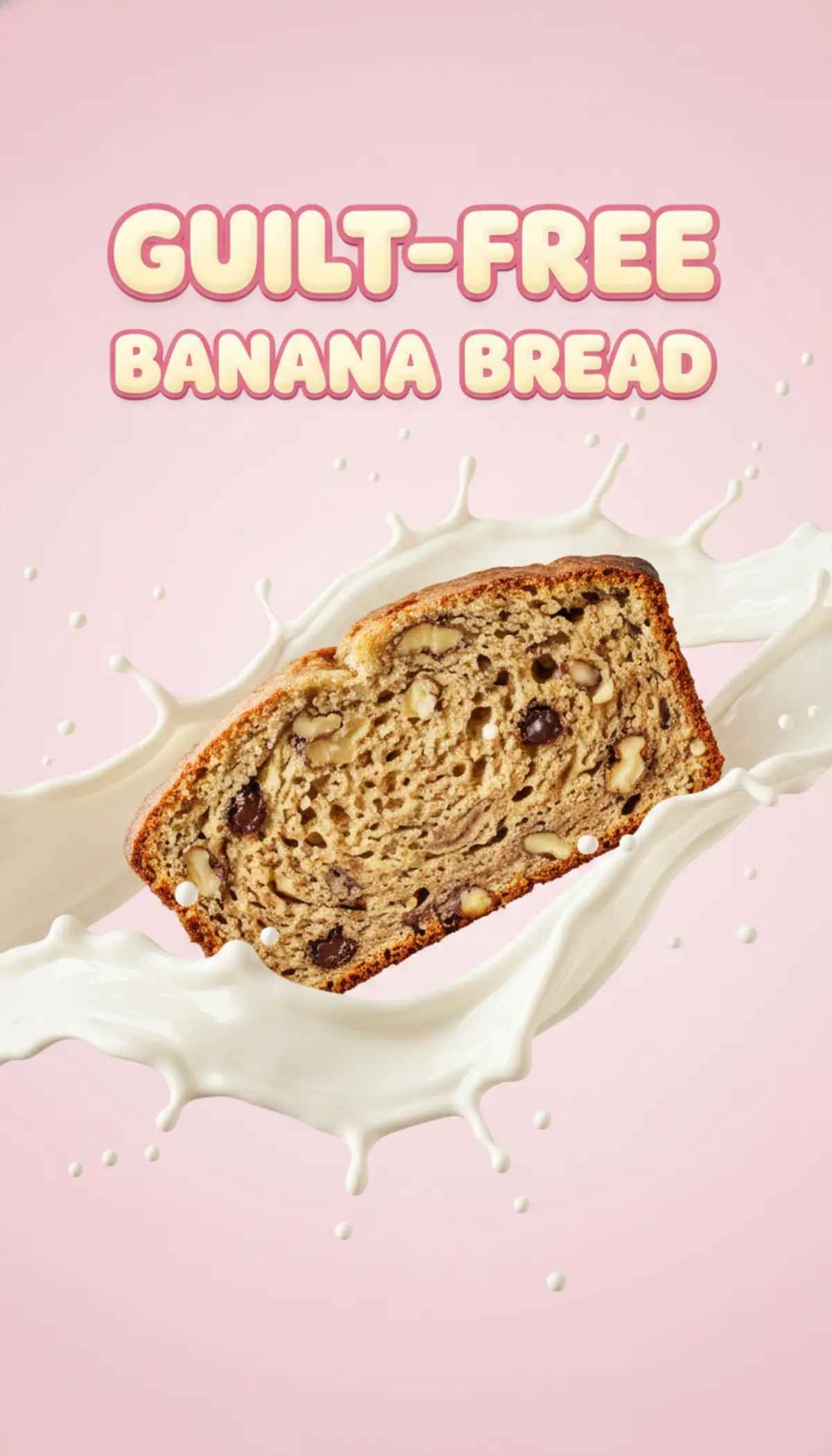 Vertical Pinterest pin showing a slice of healthy sugar-free banana bread with text overlay about easy recipe.