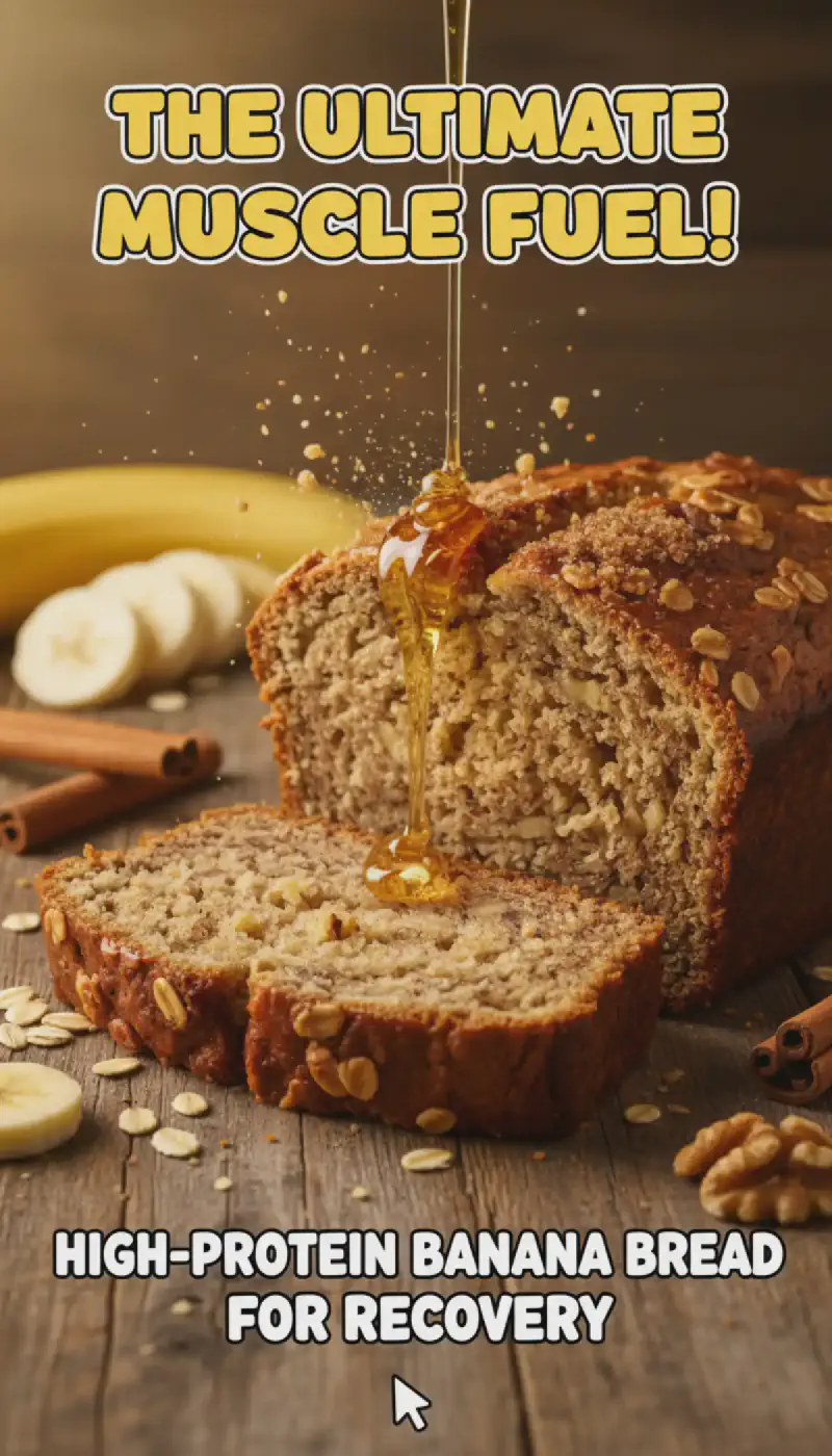 Vertical close-up of high-protein banana bread slices stacked for post-workout recovery.