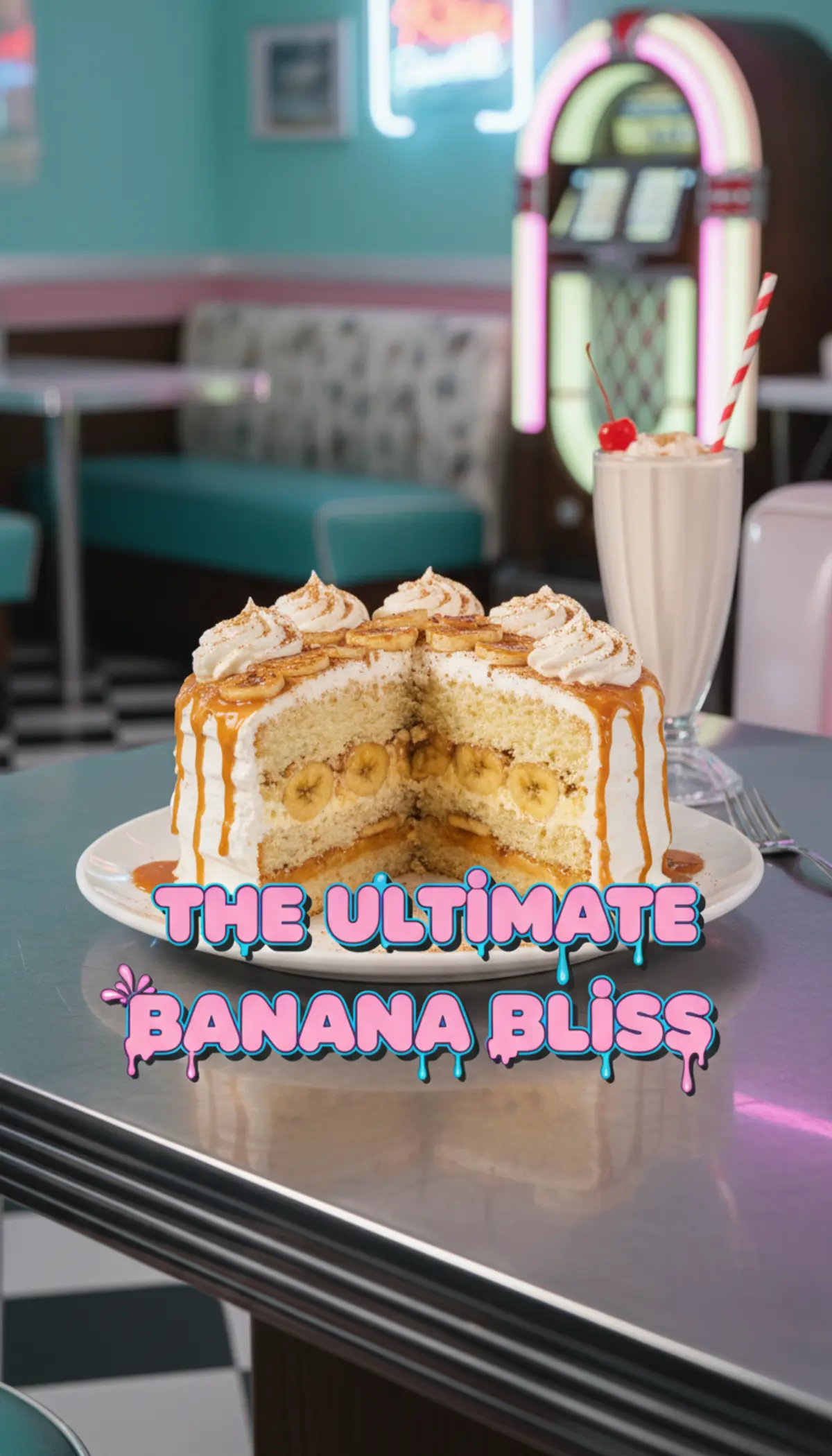 Vertical close-up of a tall slice of Southern banana pudding cake with layers of vanilla wafers and whipped cream.