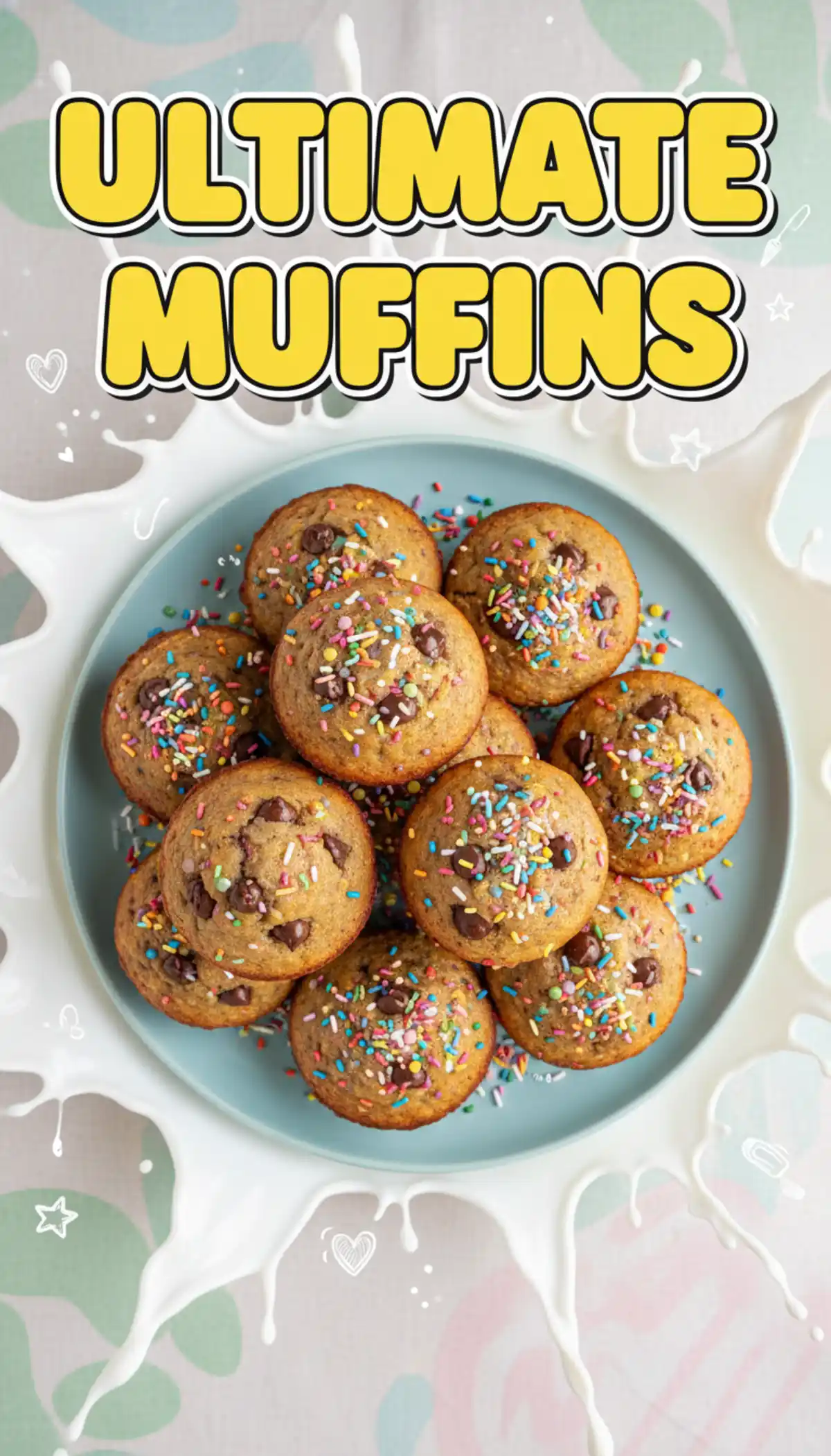A close-up vertical shot of a moist bakery-style chocolate chip banana bread muffin being pulled apart to reveal a soft crumb and melted chocolate.