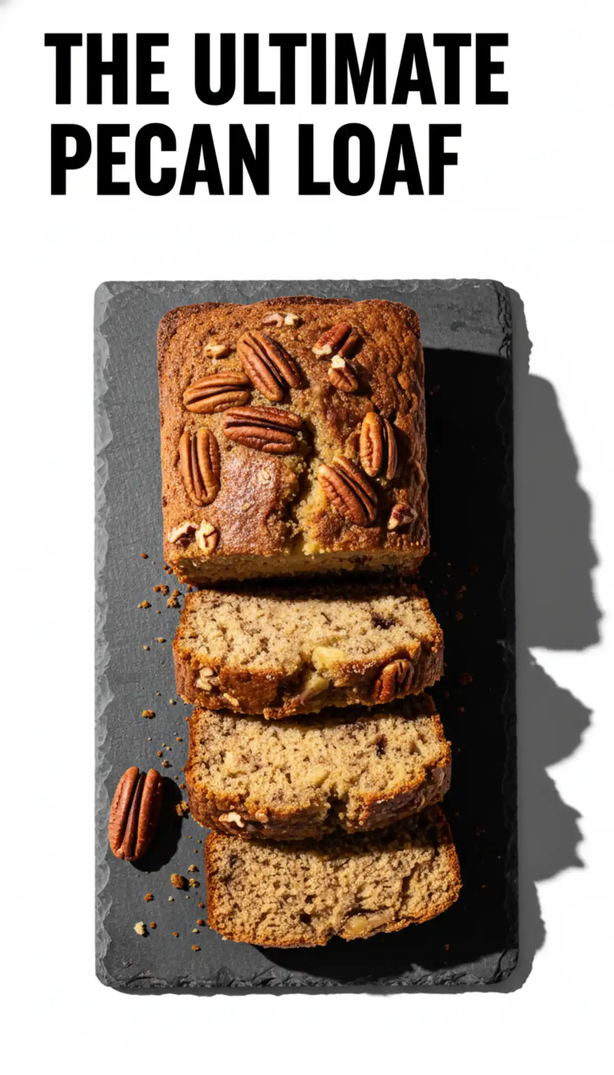 Vertical shot of a sliced roasted pecan and banana loaf showing moist texture and golden crust