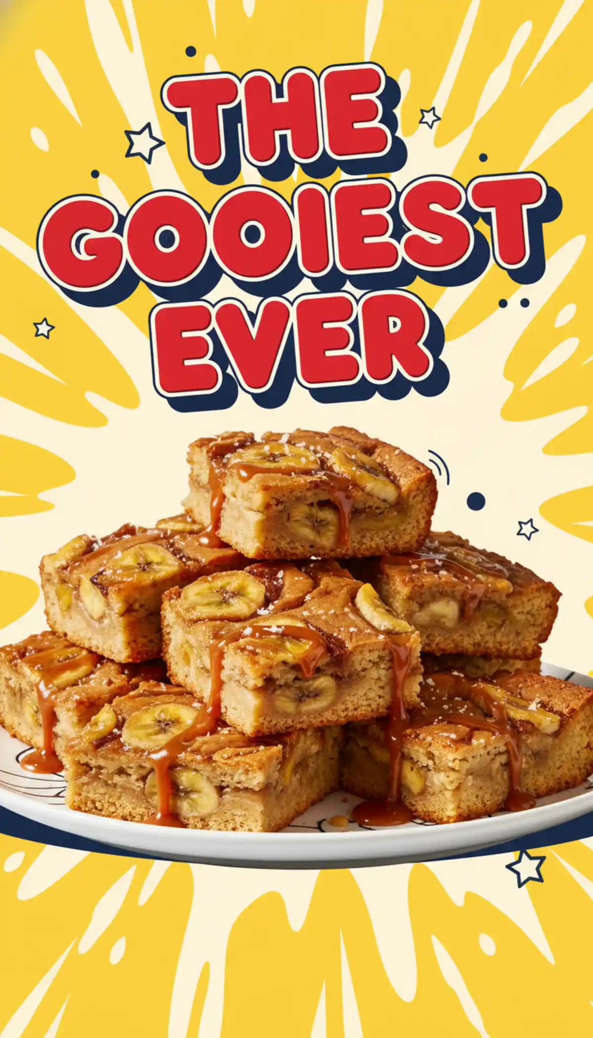 A vertical close-up of a stacked salted caramel swirl banana blondie with caramel sauce dripping down the side