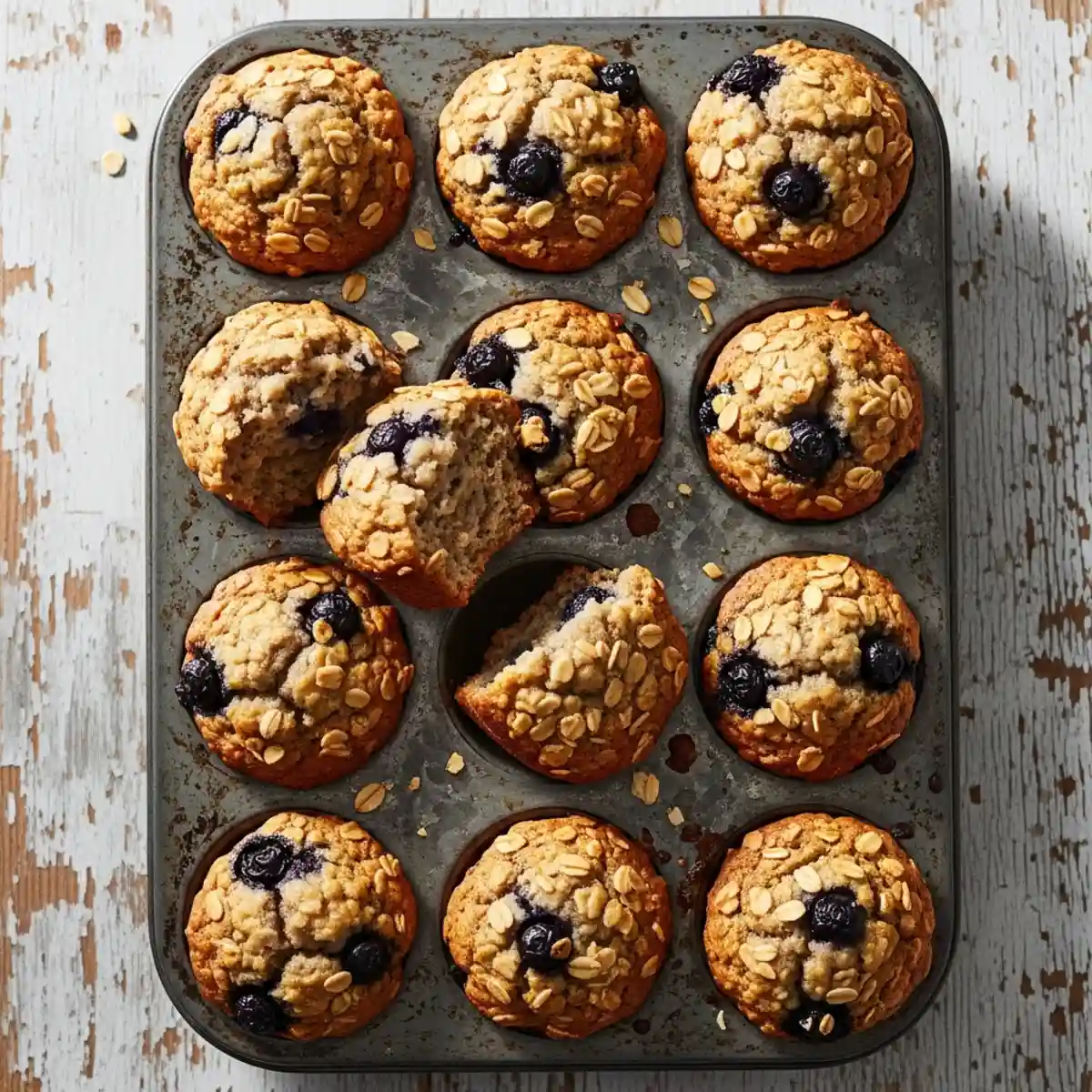 A close-up vertical shot of a moist skinny banana blueberry oatmeal muffin with a bite taken out, showcasing the fluffy texture and fresh fruit.