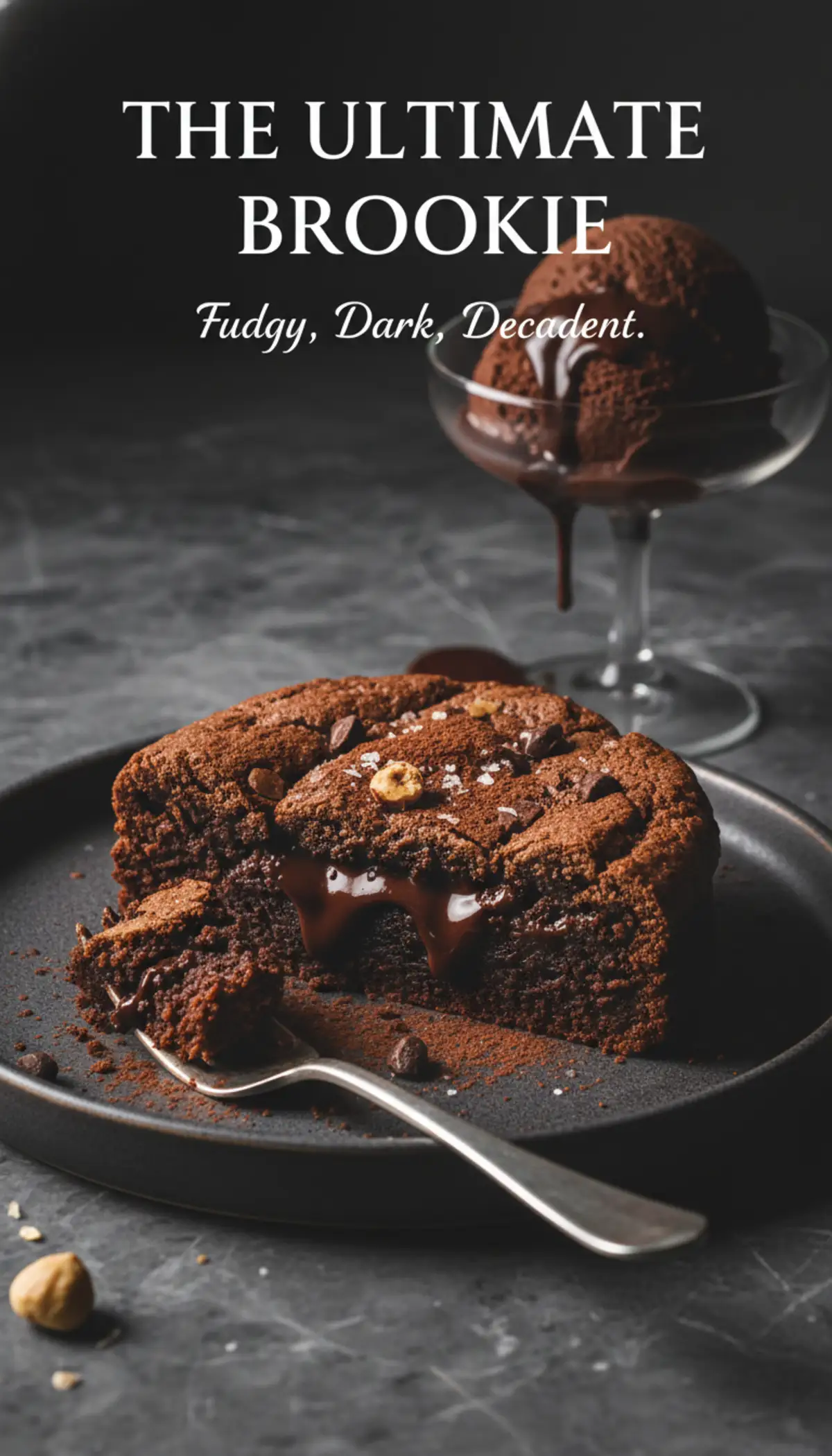 Tall vertical stack of fudgy banana bread brownies with a gooey center on a rustic wooden background.