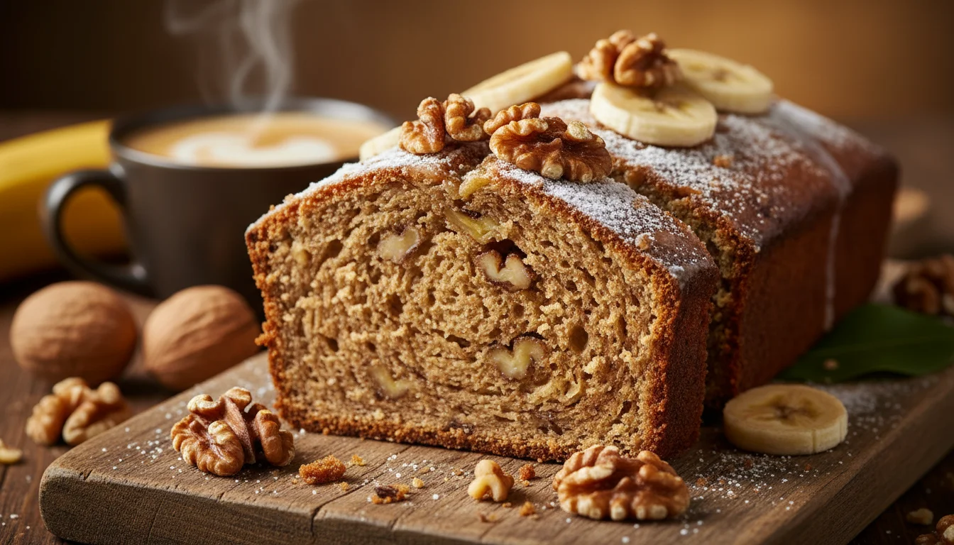 Extreme close-up of a slice of banana bread showing the moist crumb and toasted walnut pieces