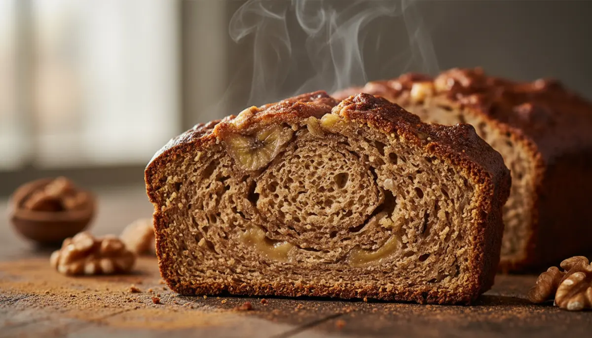 Whole loaf of golden brown award winning banana bread on a cooling rack