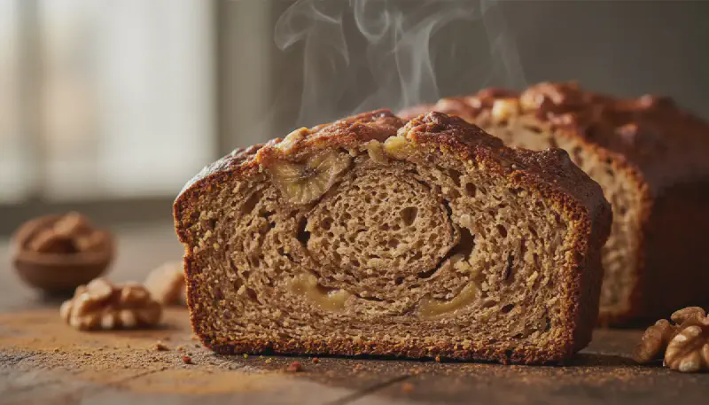 Whole loaf of golden brown award winning banana bread on a cooling rack