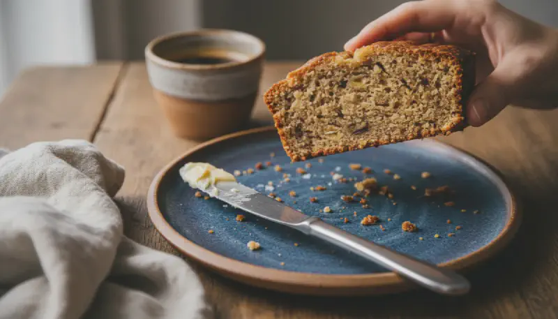 A freshly baked whole loaf of sour cream banana bread with a cracked golden crust cooling on a metal rack.