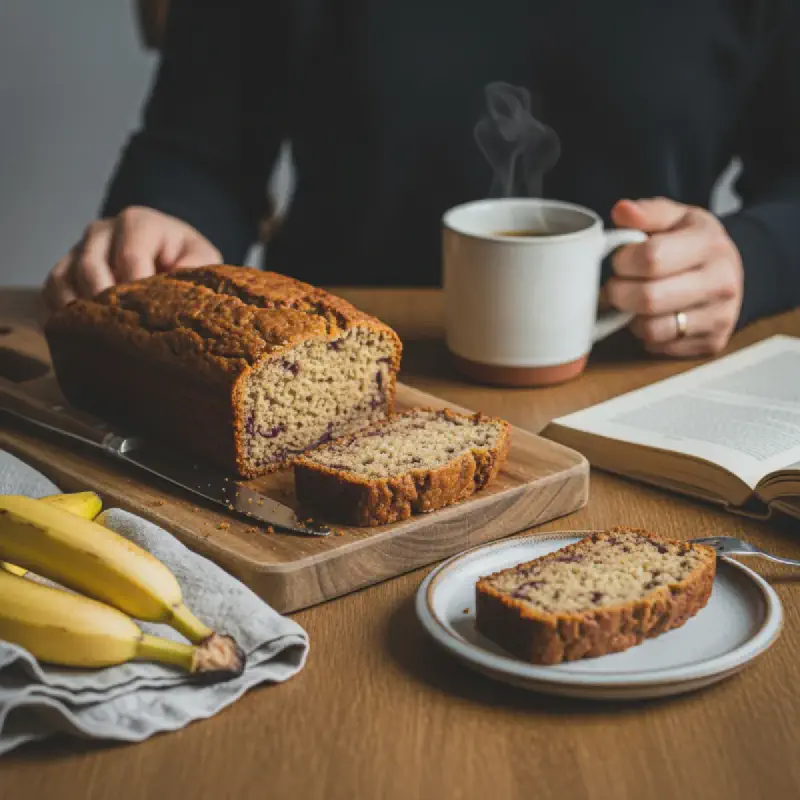 Close-up of a hand using a fork to take a bite from a single slice of Whole30 compliant fruit-only banana bread, highlighting the tender crumb.