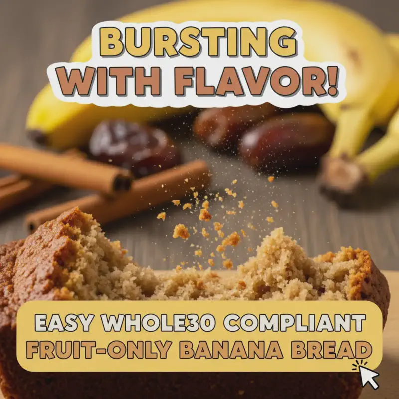 Vertical Pinterest image of a golden-brown Whole30 compliant fruit-only banana bread loaf on a rustic wooden board, garnished with fresh banana slices.