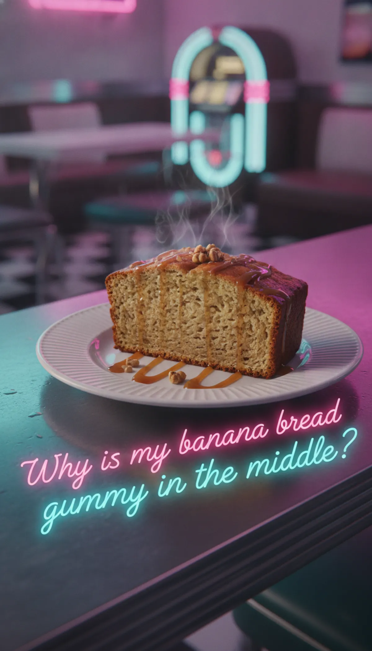 Vertical shot of undercooked banana bread showing a gummy center texture and dense crumb.