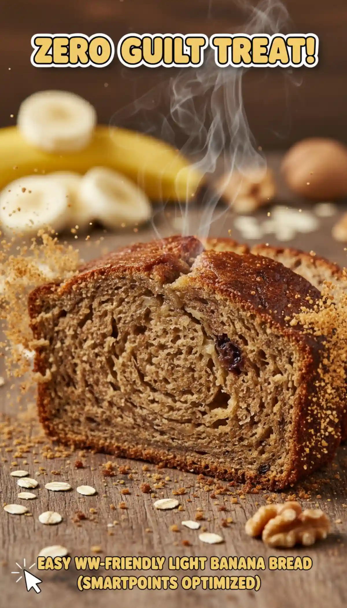 Vertical shot of a slice of healthy WW-friendly banana bread with a moist texture.