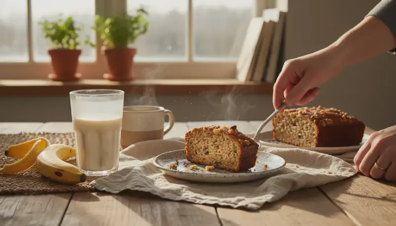 Close-up of a moist slice of light banana bread showing soft crumb texture and golden crust.