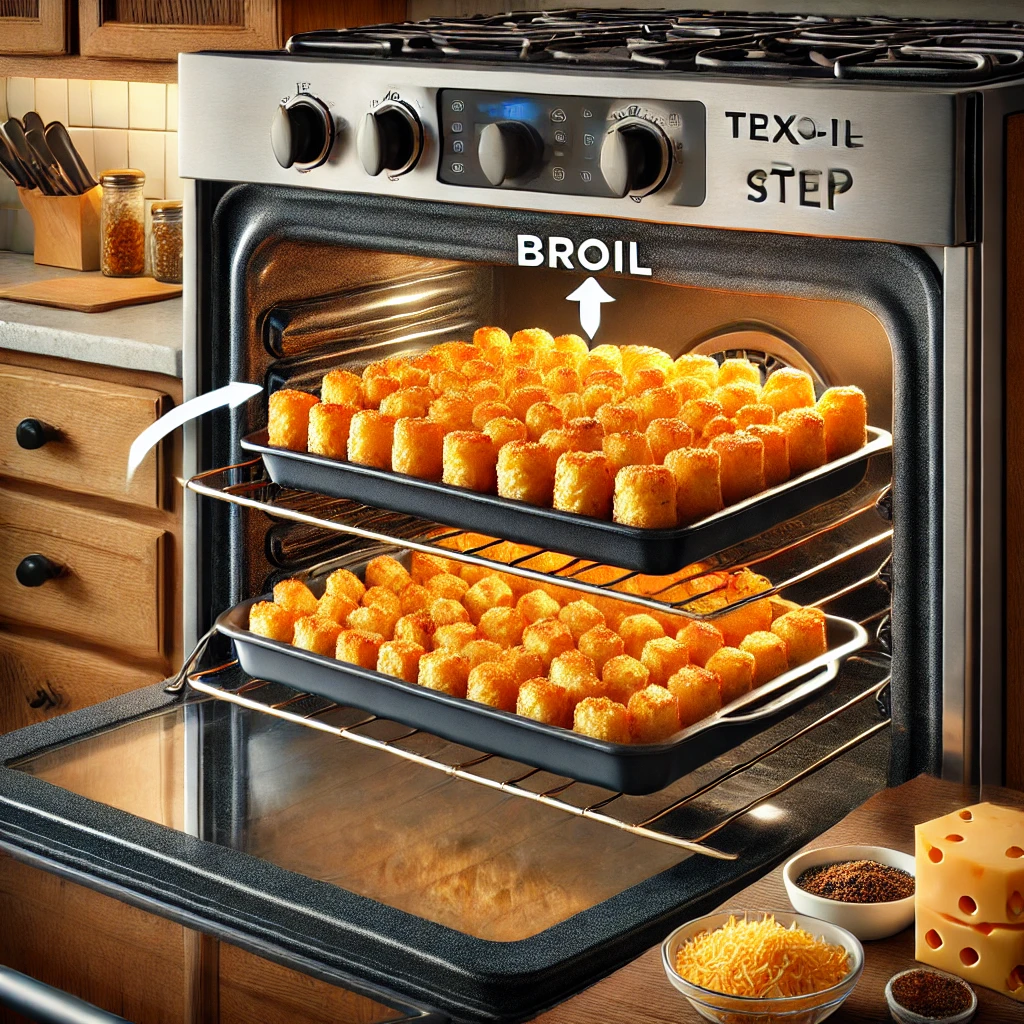 the importance of using the broil step at the end of cooking a Tex-Mex Tater Tot Casserole to achieve crispy tater tots