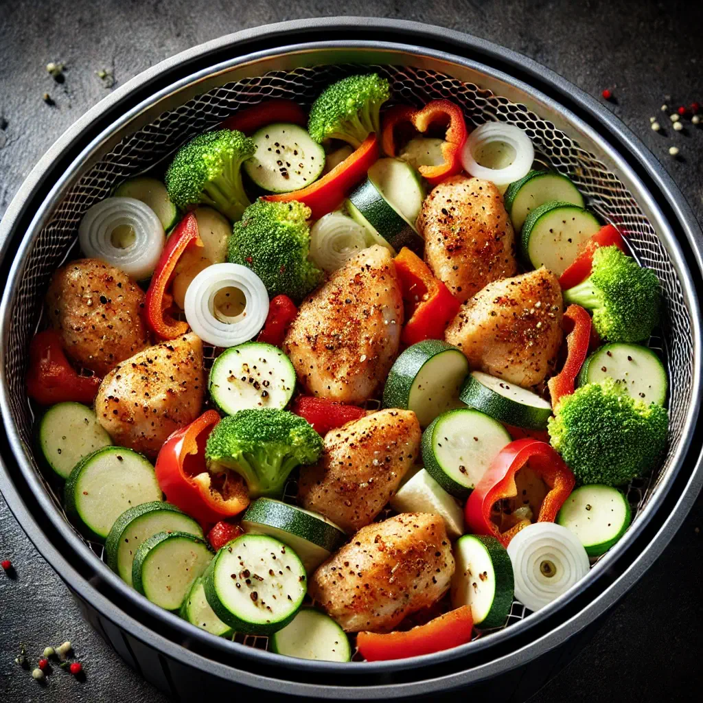 Air Fryer - Chicken and vegetables being arranged in a single layer in the air fryer basket 