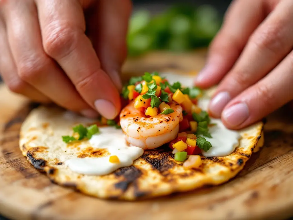 Shrimp Tacos with Avocado Salsa :Assembling the shrimp tacos