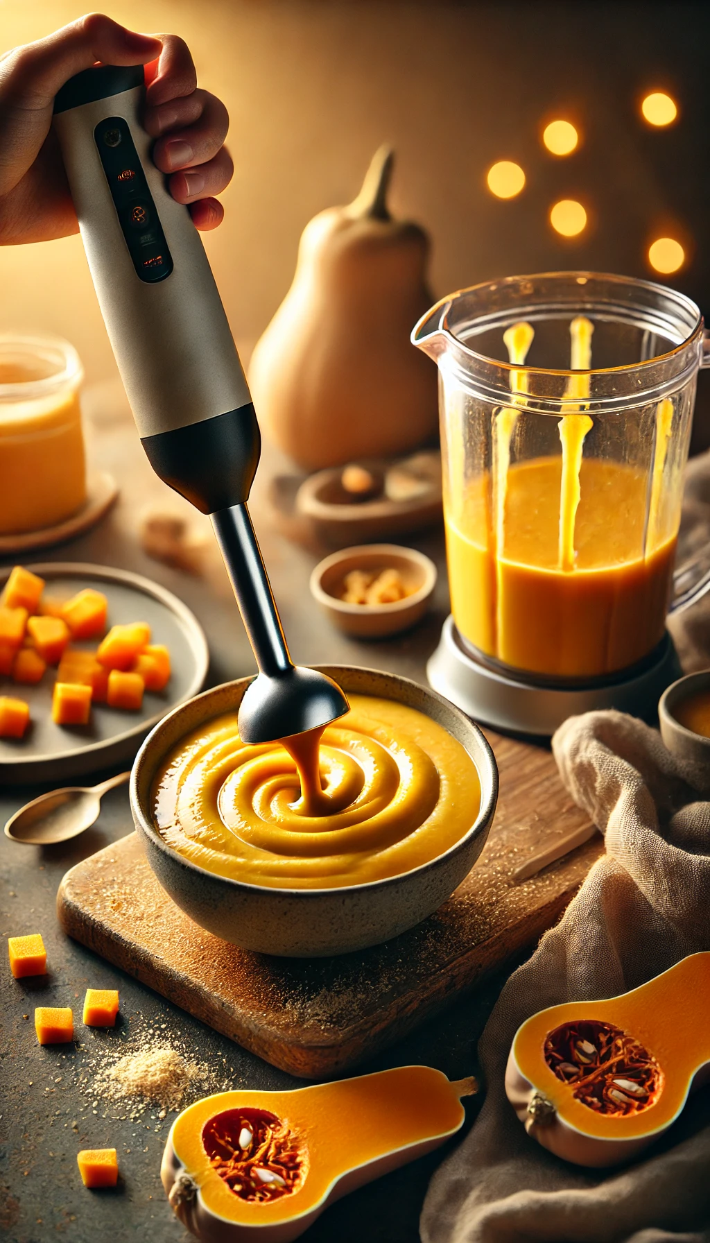 Smooth butternut squash soup being blended with an immersion blender for a silky finish.