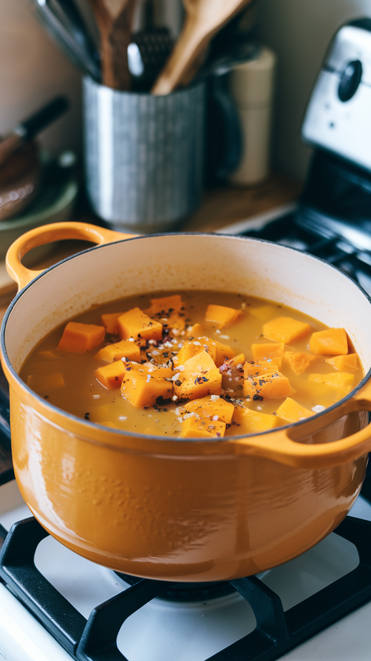 Butternut squash halved and seeds removed, simmering in a deep pot of rich broth and aromatics.