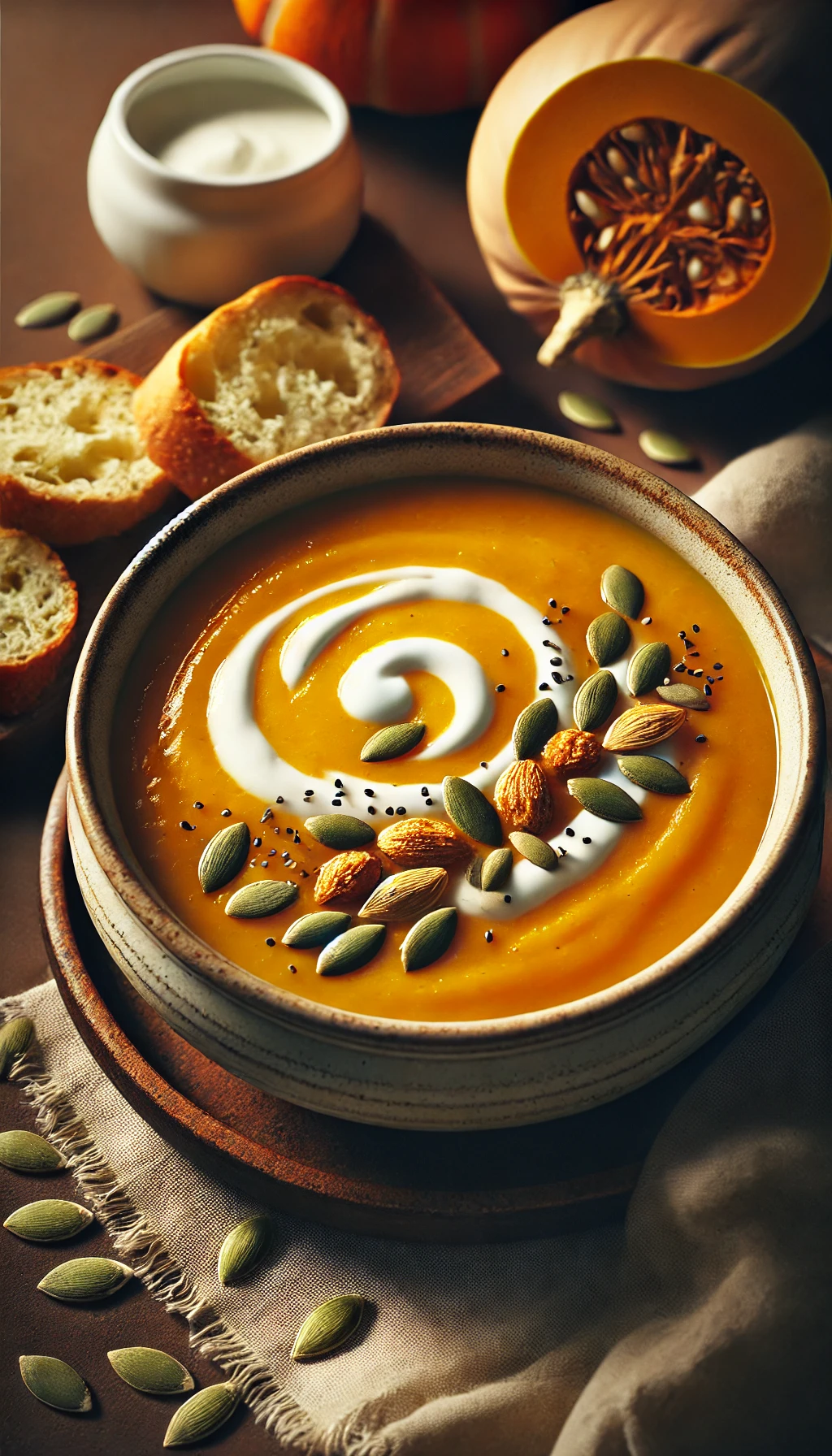 Close-up of creamy butternut squash soup garnished with toasted pumpkin seeds, a cream swirl, and served with crusty bread, in warm inviting lighting.