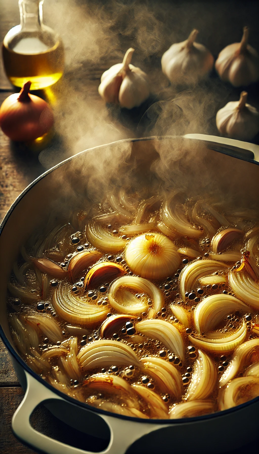 Chopped onion and garlic being sautéed in olive oil in a pot, with a golden caramelized setting and warm lighting.