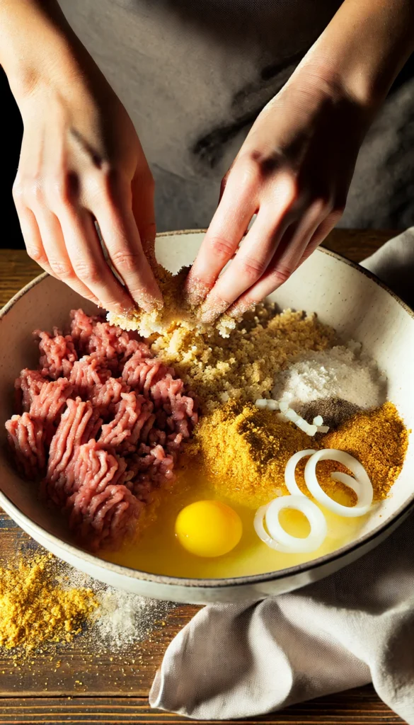 a person adding ingredients to a bowl of ground meat