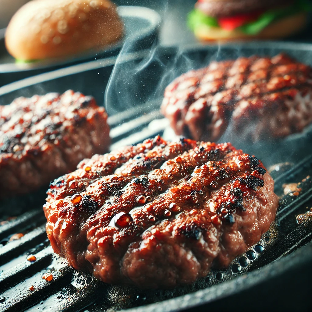 Juicy beef patties cooking on a grill with grill marks and sizzling juices, perfect for an easy homemade beef burger recipe