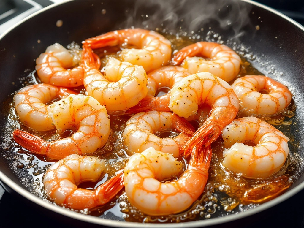 Shrimp Tacos with Avocado Salsa - Shrimp cooking in a skillet