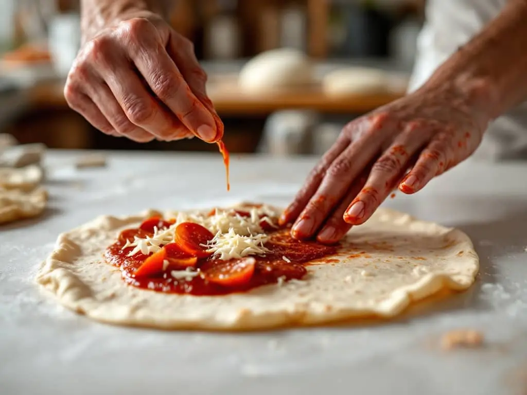 Spreading sauce on tortilla for Pizza Quesadillas